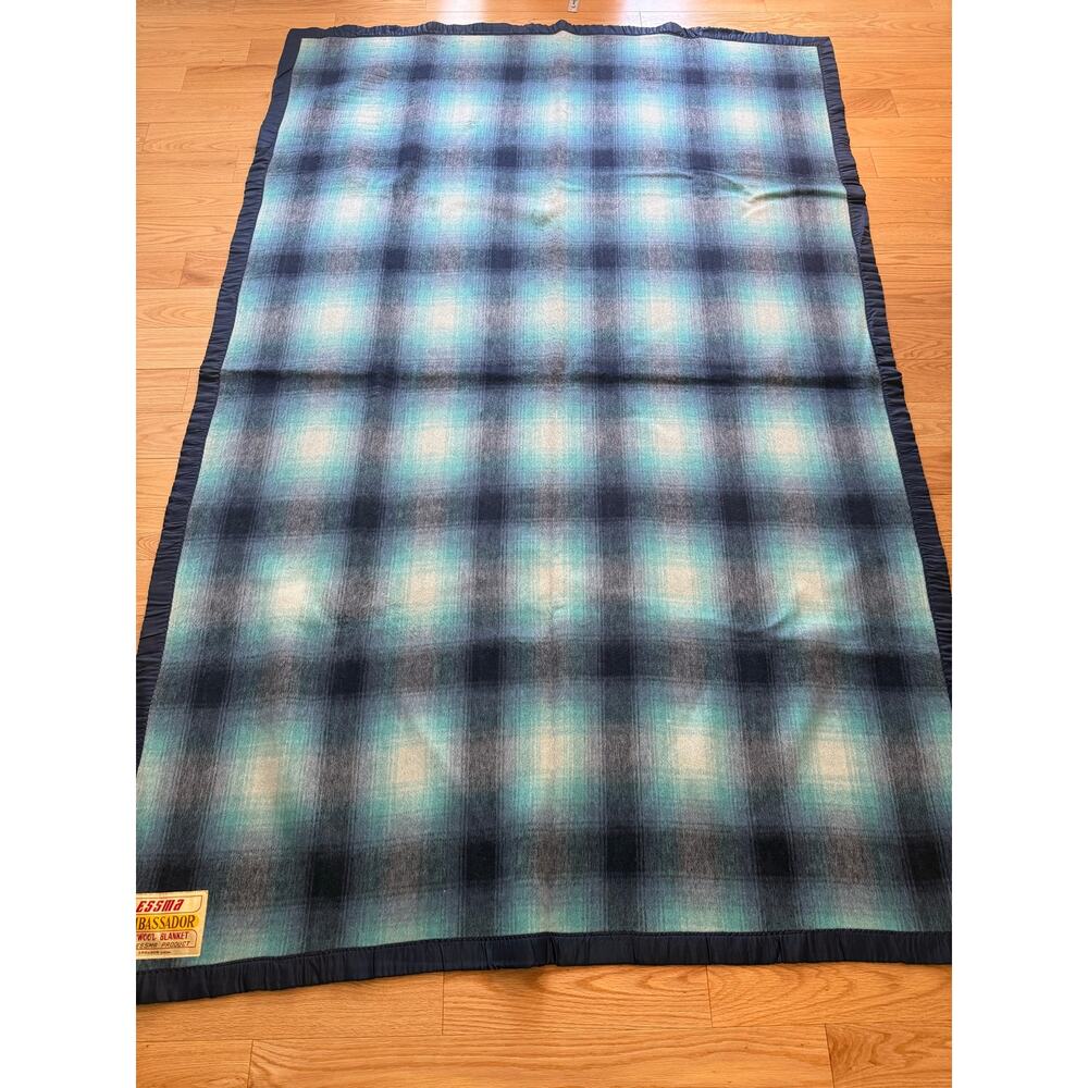 Vintage Essma Norway All Wool Blanket Navy Blue Plaid 90"x59"